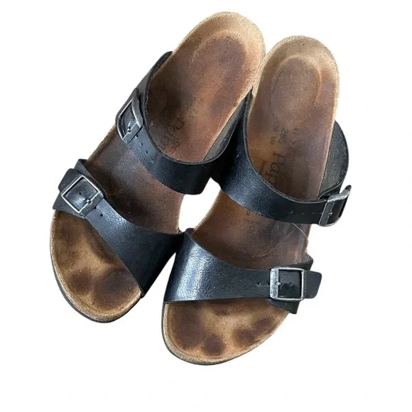 BIRKENSTOCK Papillio Dorothy Graceful Cork Wedge Leather Buckle Sandal Black 10 - Picture 6 of 15